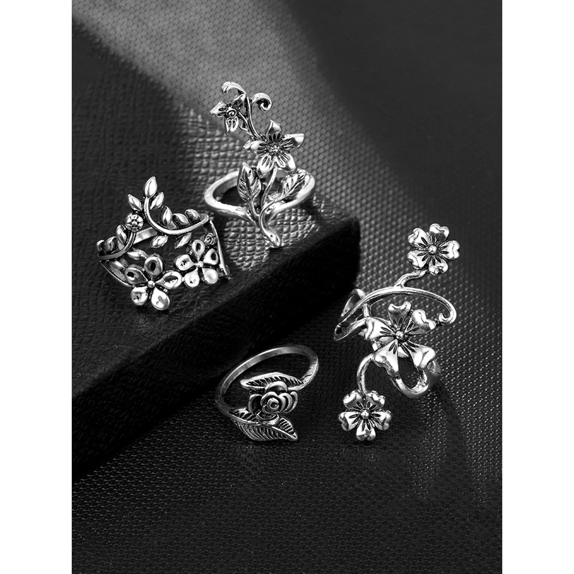 Yellow Chimes Oxidised Rings for Women 4 Pcs Ring Set Boho Vintage Leaves & Rose Floral Shaped Oxidised Silver Plated Rings For Women and Girls.
