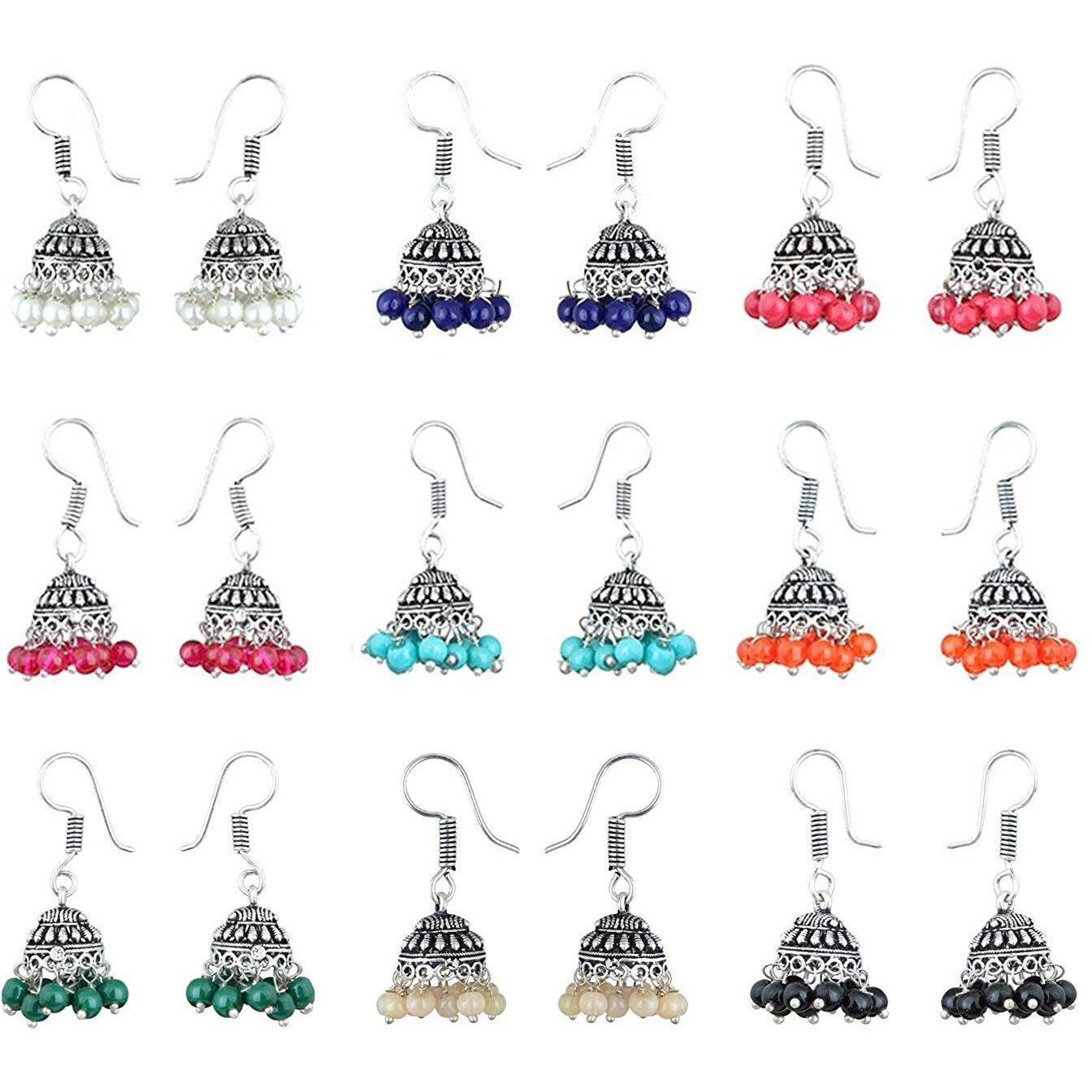 Yellow Chimes 9 Pairs Lively Colors Jhumki by Yellow Chimes Jhumki Earrings for Women (Silver Oxidized) (YCTJER-OXD9-C-SL)
