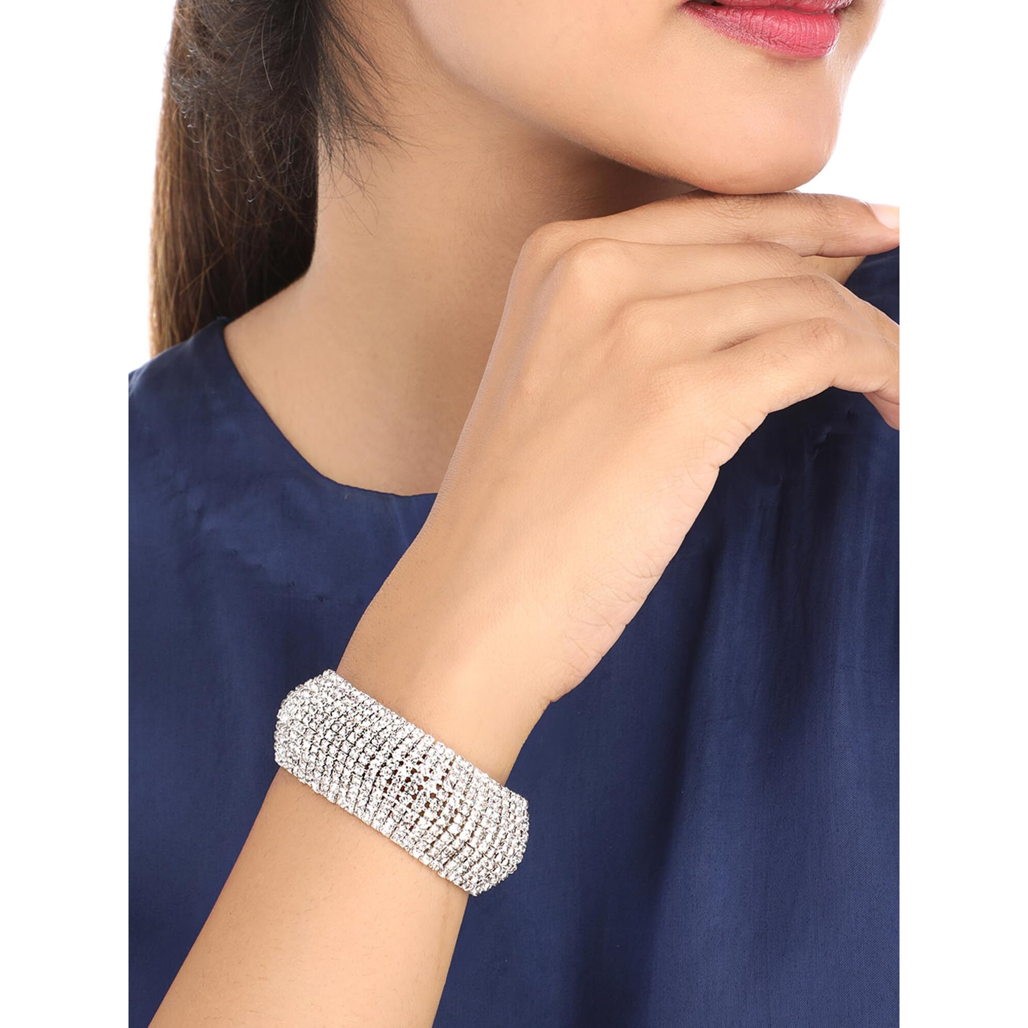 Yellow Chimes Valentine Gift for Girls Crystal Bracelet for Women White Crystal Platinum Plated Cuff Bracelet for Women and Girls