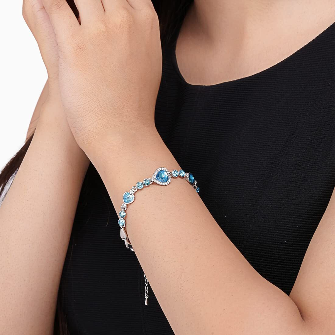 Yellow Chimes Women Crystal Bracelets | Heart Shaped Silver toned Bracelets | Blue CZ Crystals Bracelet For Woman | Birthday Gift for Girls & Women Anniversary Gift for Wife