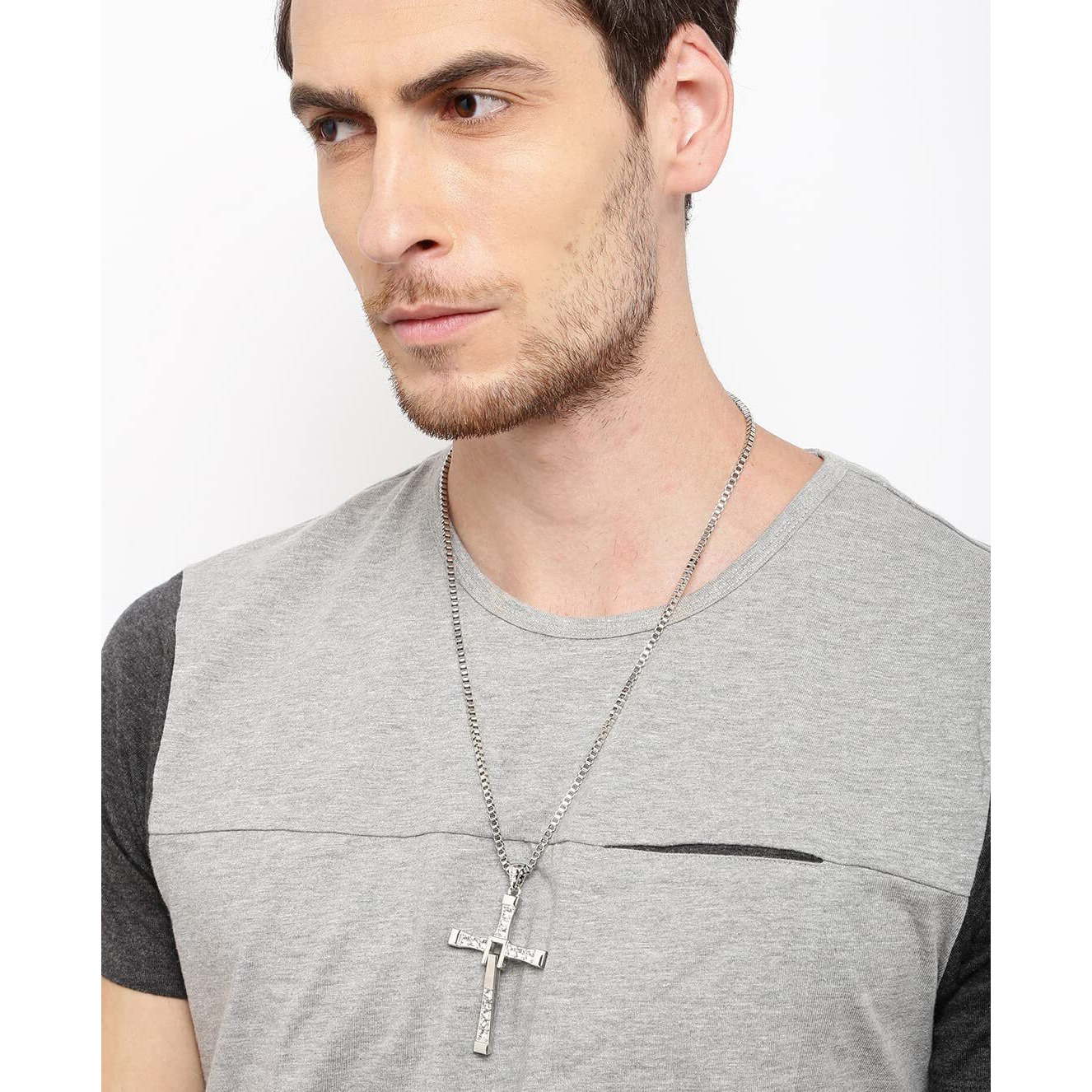 Yellow Chimes Pendant for Men and Boys Silver Pendants For Men Crystal Studded Pendent with Chain Vin diesel Smart Cross Pendant Chain for Men | Birthday And Anniversary Gift