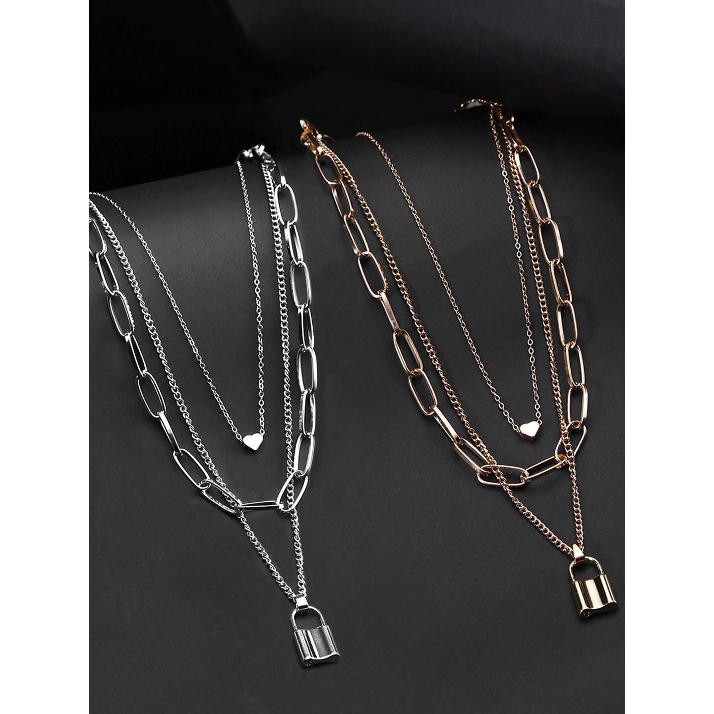 Yellow Chimes Layered Necklace for Women 2 PCs Combo Choker Necklace Multilayer Key Heart Locket Golden/Silver Chain Necklace for Women and Girls