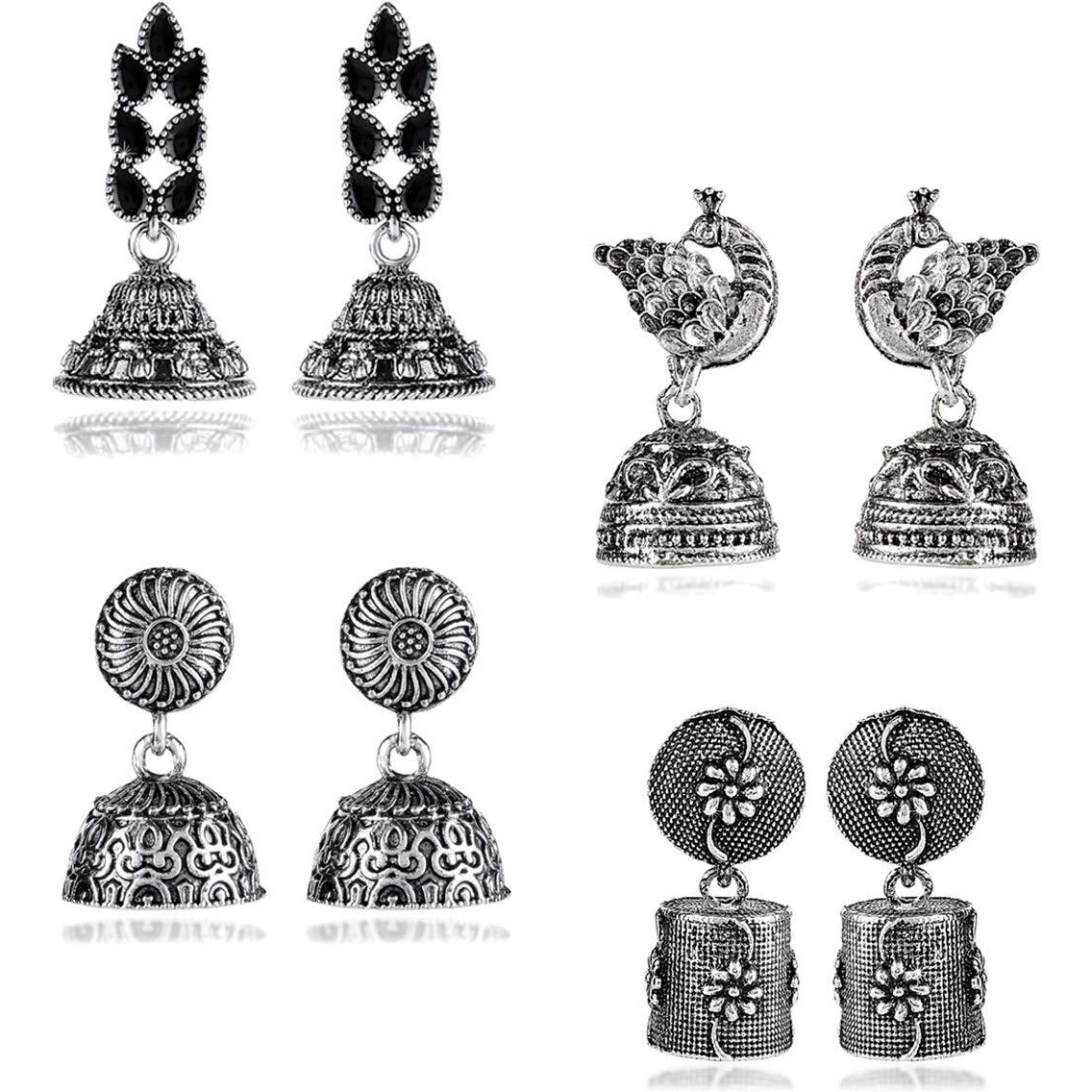 Yellow Chimes Earrings for Women and Girls | Traditional Silver Oxidised Jhumka | German Silver Earring Set | Floral Jhumki Earrings Combo | Accessories Jewellery for Women | Birthday Gift For Girls and Women Anniversary Gift for Wife