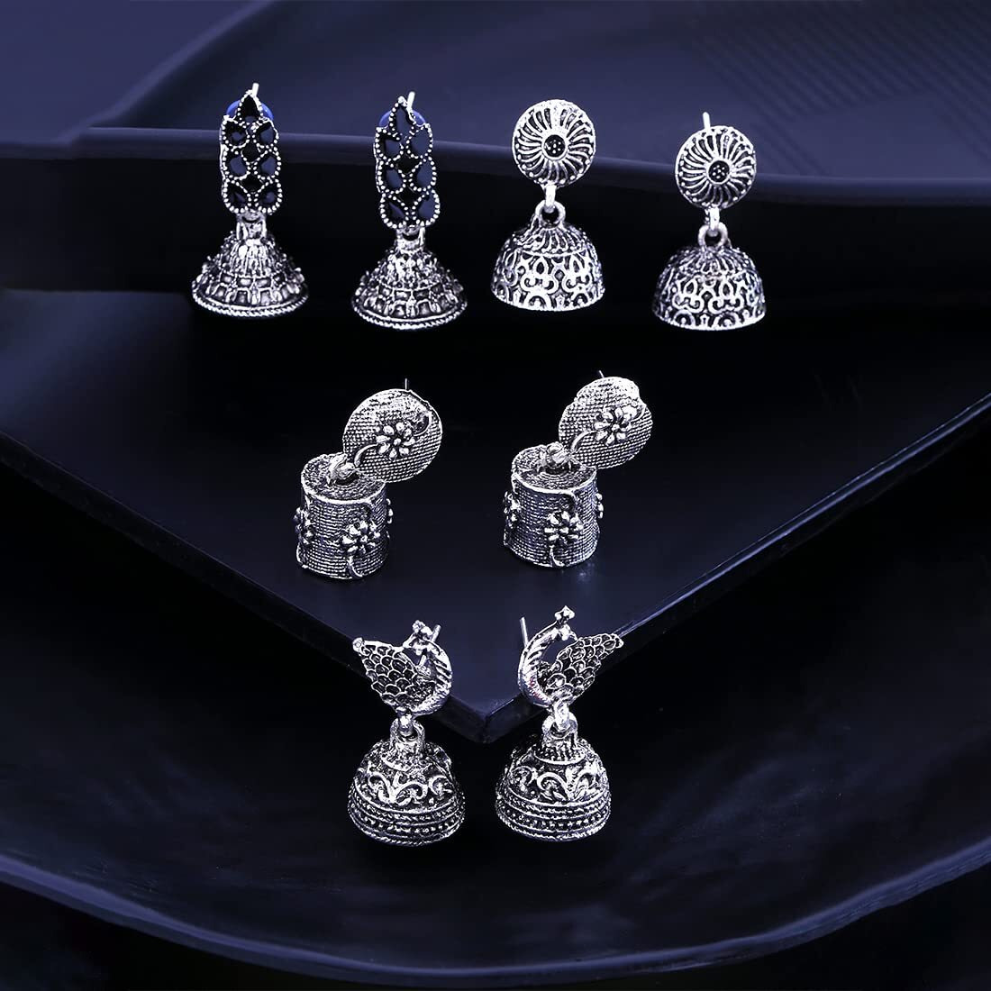 Yellow Chimes Earrings for Women and Girls | Traditional Silver Oxidised Jhumka | German Silver Earring Set | Floral Jhumki Earrings Combo | Accessories Jewellery for Women | Birthday Gift For Girls and Women Anniversary Gift for Wife
