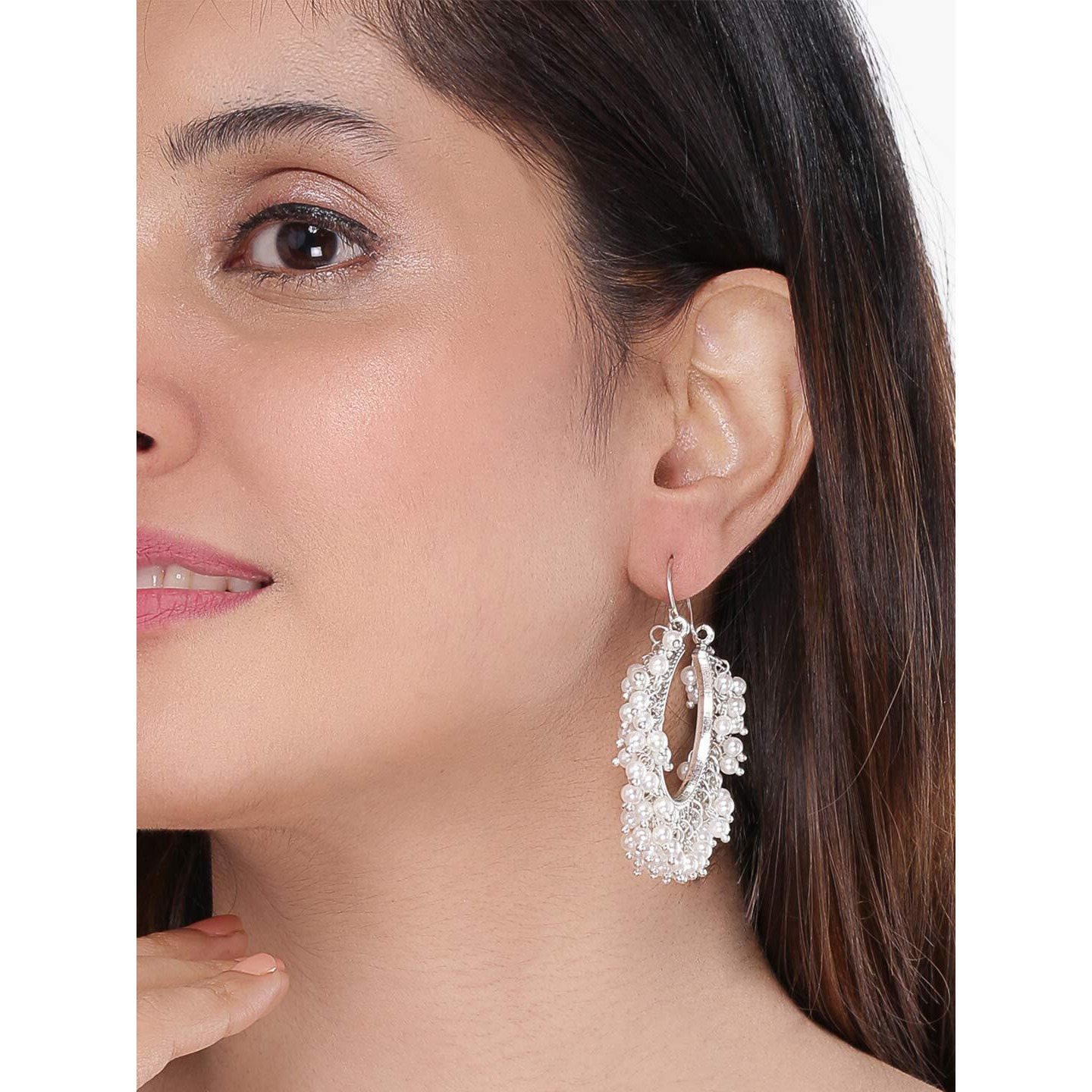 Yellow Chimes Earrings for Women and Girls | Fashion Silver Pearl Hoop | Silver Tone Earring | Big Hoops | Accessories Jewellery for Women | Birthday Gift for Girls and Women Anniversary Gift for Wife