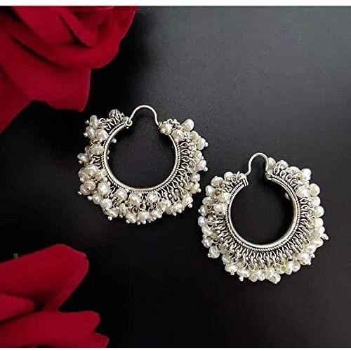Yellow Chimes Earrings for Women and Girls | Fashion Silver Pearl Hoop | Silver Tone Earring | Big Hoops | Accessories Jewellery for Women | Birthday Gift for Girls and Women Anniversary Gift for Wife