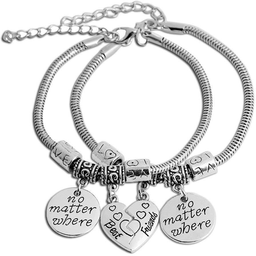 Yellow Chimes 2 PCS Best Friends Couple Heart Oxidized Silver Charm Bracelet for Girls (YCFJCBR-83BFF-SL)