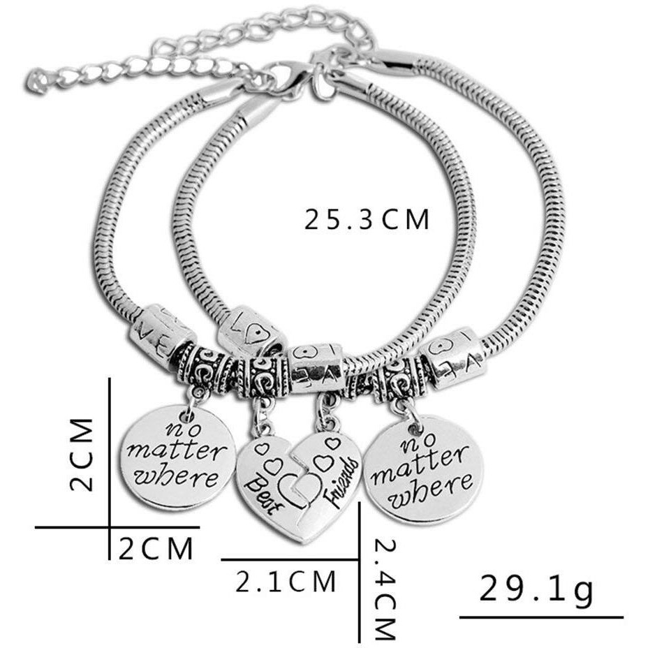 Yellow Chimes 2 PCS Best Friends Couple Heart Oxidized Silver Charm Bracelet for Girls (YCFJCBR-83BFF-SL)