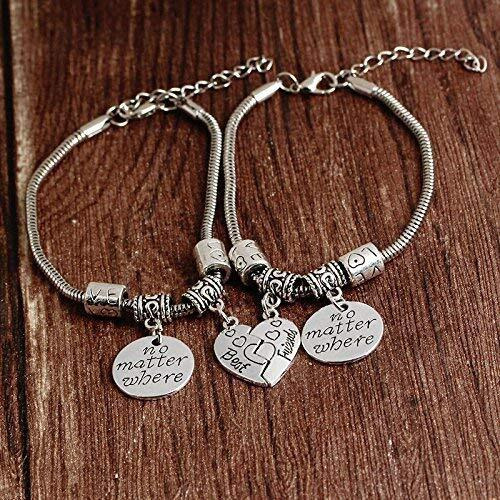 Yellow Chimes 2 PCS Best Friends Couple Heart Oxidized Silver Charm Bracelet for Girls (YCFJCBR-83BFF-SL)