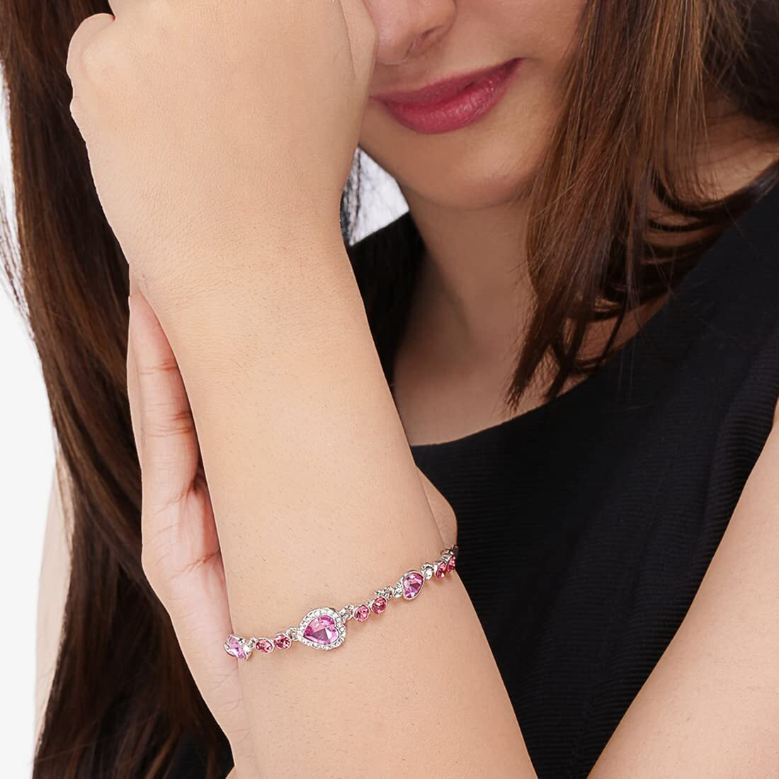 Yellow Chimes Women Crystal Bracelets | Heart Shaped Silver toned Bracelets | Pink and Red CZ Crystals Bracelet For Woman | Birthday Gift for Girls & Women Anniversary Gift for Wife
