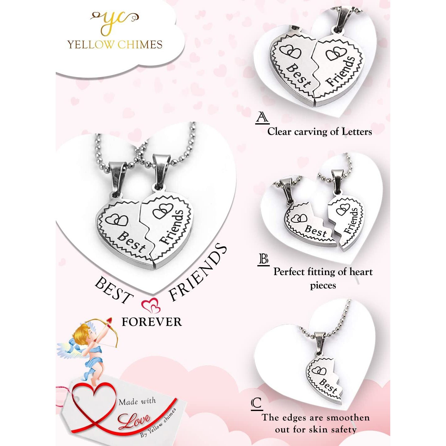 Yellow Chimes Pendant for Women and Girls Friendships Day Special Silver Best Friend Chain Necklace | Heart Shaped 2 Pcs Best Friends Forever BFF Necklace Chain Pendant Locket | Gift for Best Friend