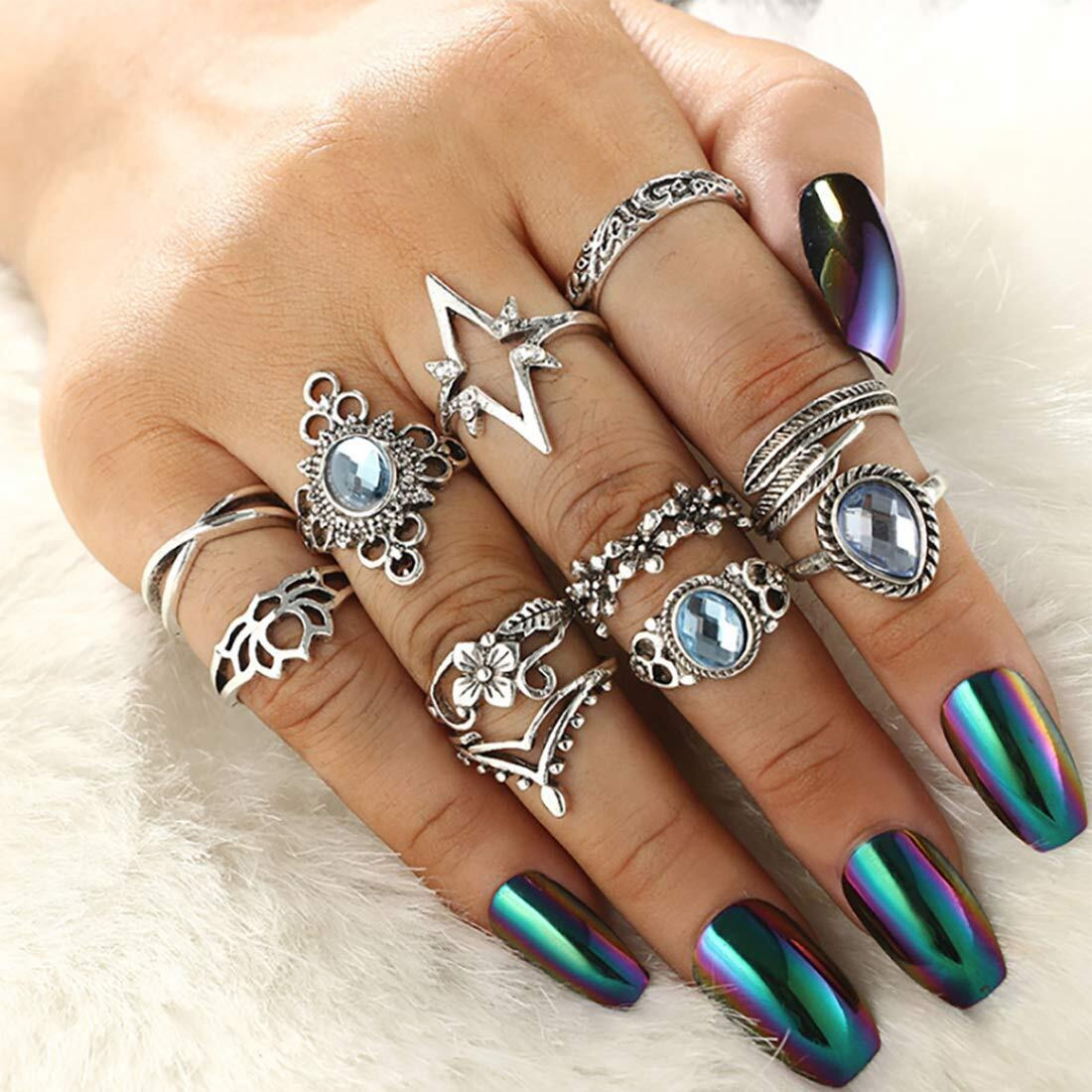 Yellow Chimes Crystal Oxidized Silver Plated Brass Boho Vintage Style Midi Finger Knuckle Rings Set for Women and Girls (Combo of 11 Pcs/Set)