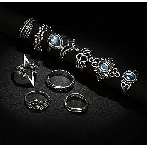 Yellow Chimes Crystal Oxidized Silver Plated Brass Boho Vintage Style Midi Finger Knuckle Rings Set for Women and Girls (Combo of 11 Pcs/Set)