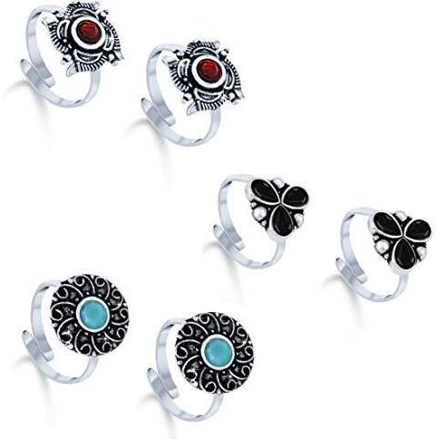 Yellow Chimes Toe Rings Set for Women Oxidised Silver Toe Ring Set of 3 Pairs Toe Rings for Women and Girls.(Adjustable Toe Ring)