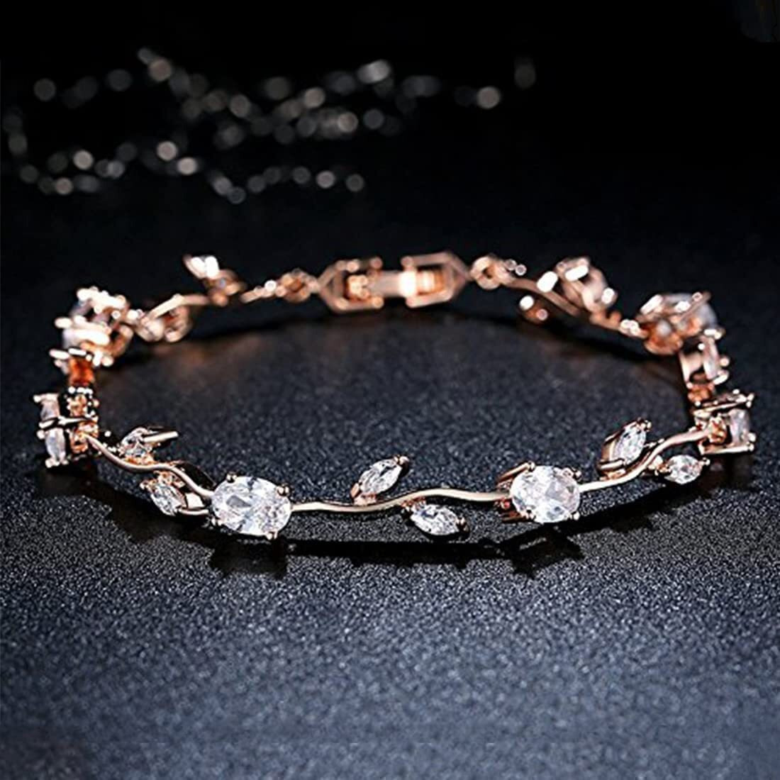Yellow Chimes Women Crystal Bracelets | Rose Leaf Shaped Rose Gold Plated Bracelets | White CZ Crystals Bracelet For Woman | Birthday Gift for Girls & Women Anniversary Gift for Wife