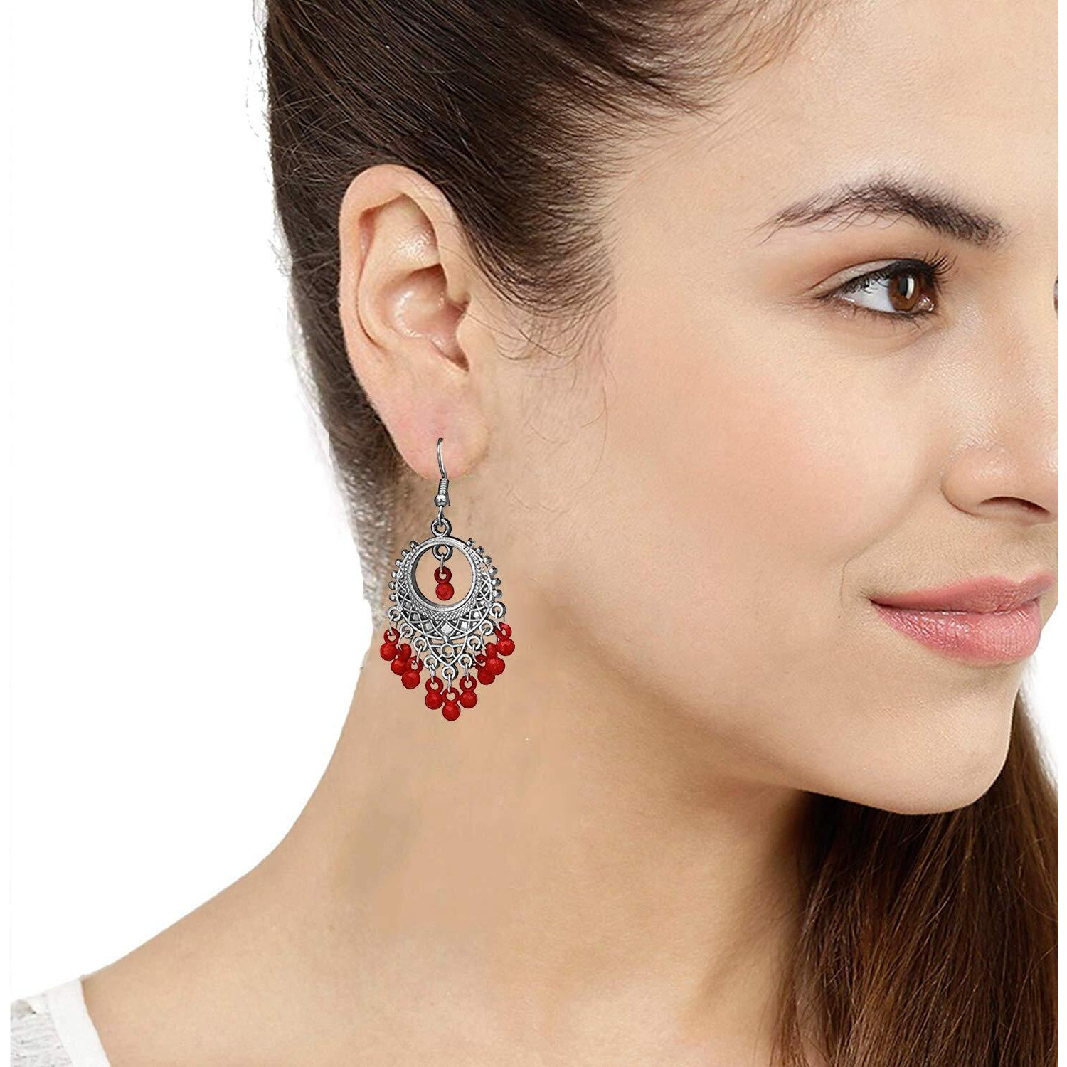 Yellow Chimes Earrings for Women and Girls | Traditional Silver Oxidised Chandbali | German Silver Earring Set | Chand Baliyan Earrings Combo | Accessories Jewellery for Women | Birthday Gift For Girls and Women Anniversary Gift for Wife