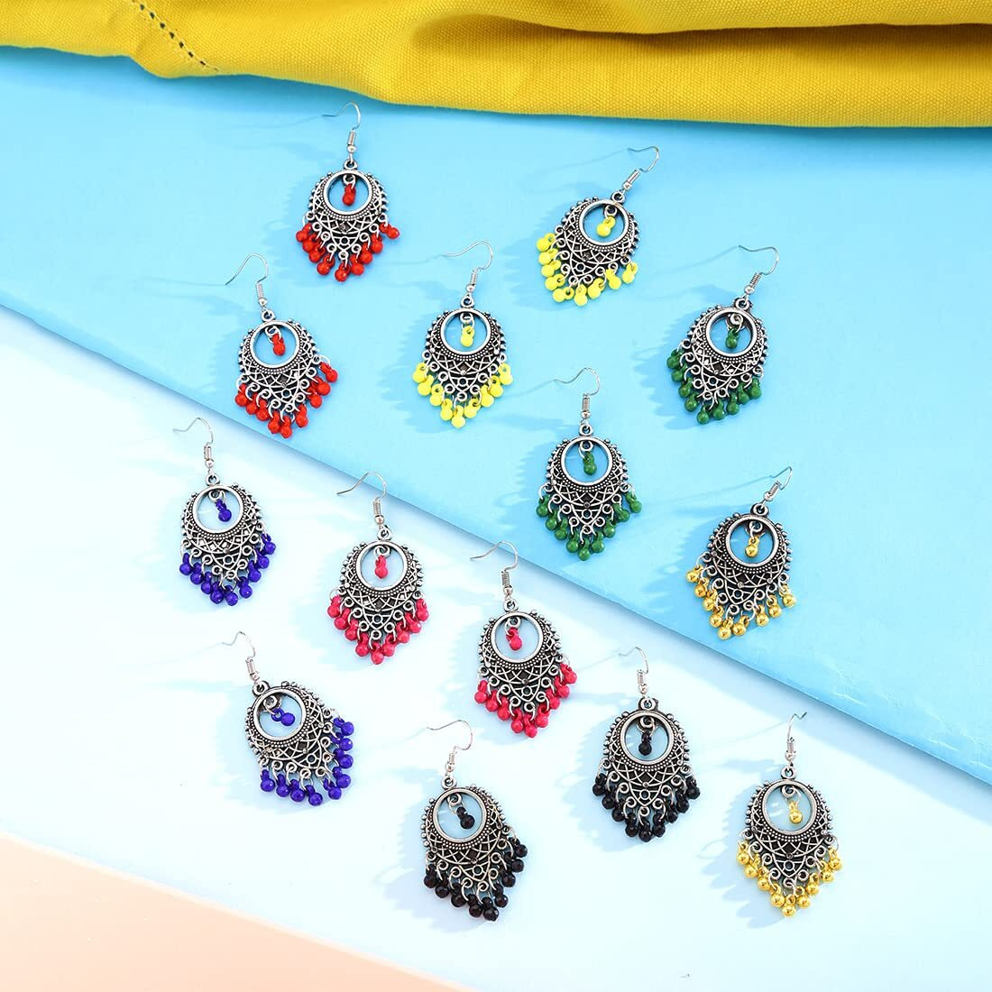 Yellow Chimes Earrings for Women and Girls | Traditional Silver Oxidised Chandbali | German Silver Earring Set | Chand Baliyan Earrings Combo | Accessories Jewellery for Women | Birthday Gift For Girls and Women Anniversary Gift for Wife