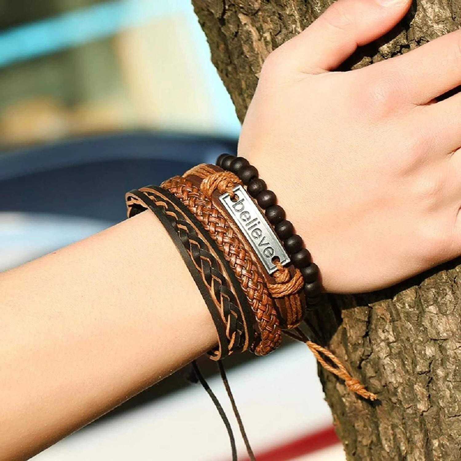 Yellow Chimes 4pcs Inspirational Message Believe Unisex Multi Strand Bracelet for Men (Brown, Black) (YCFJBR-106BELIV-BR)