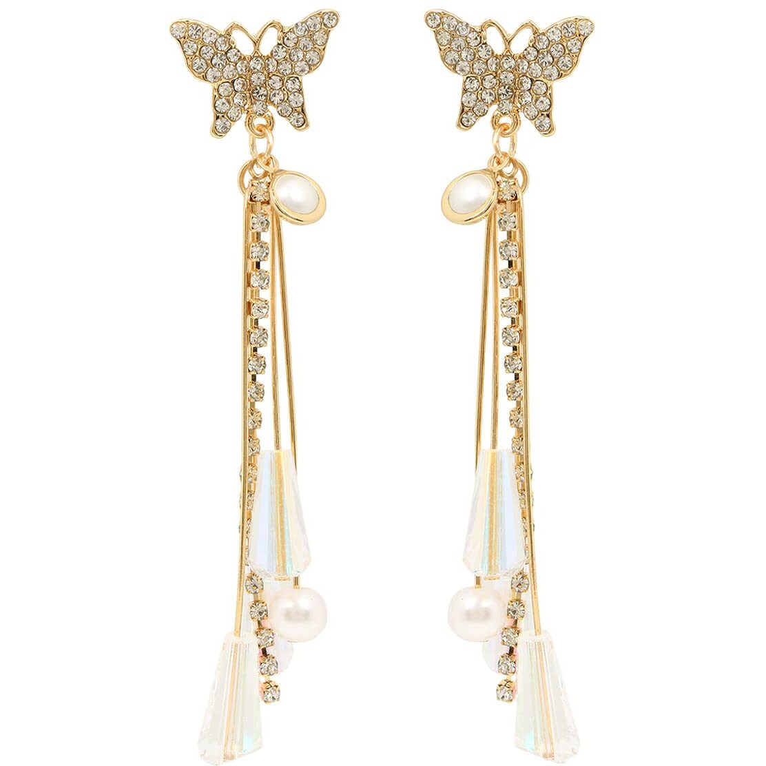 Yellow Chimes Crystal Danglers Earrings for Women | Gold Earrings for Girls | Fashion Women Earrings | Butterfly Long Chain Dangler Earrings | Birthday Gift For Girls Anniversary Gift for Wife