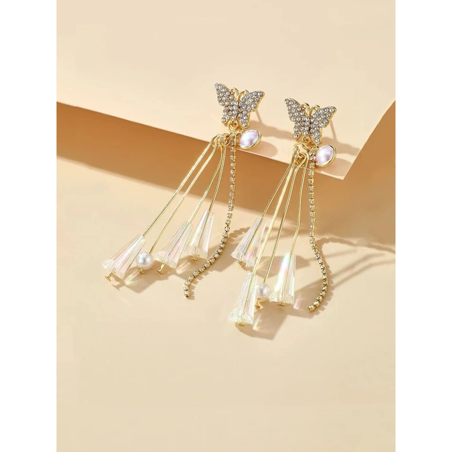 Yellow Chimes Crystal Danglers Earrings for Women | Gold Earrings for Girls | Fashion Women Earrings | Butterfly Long Chain Dangler Earrings | Birthday Gift For Girls Anniversary Gift for Wife