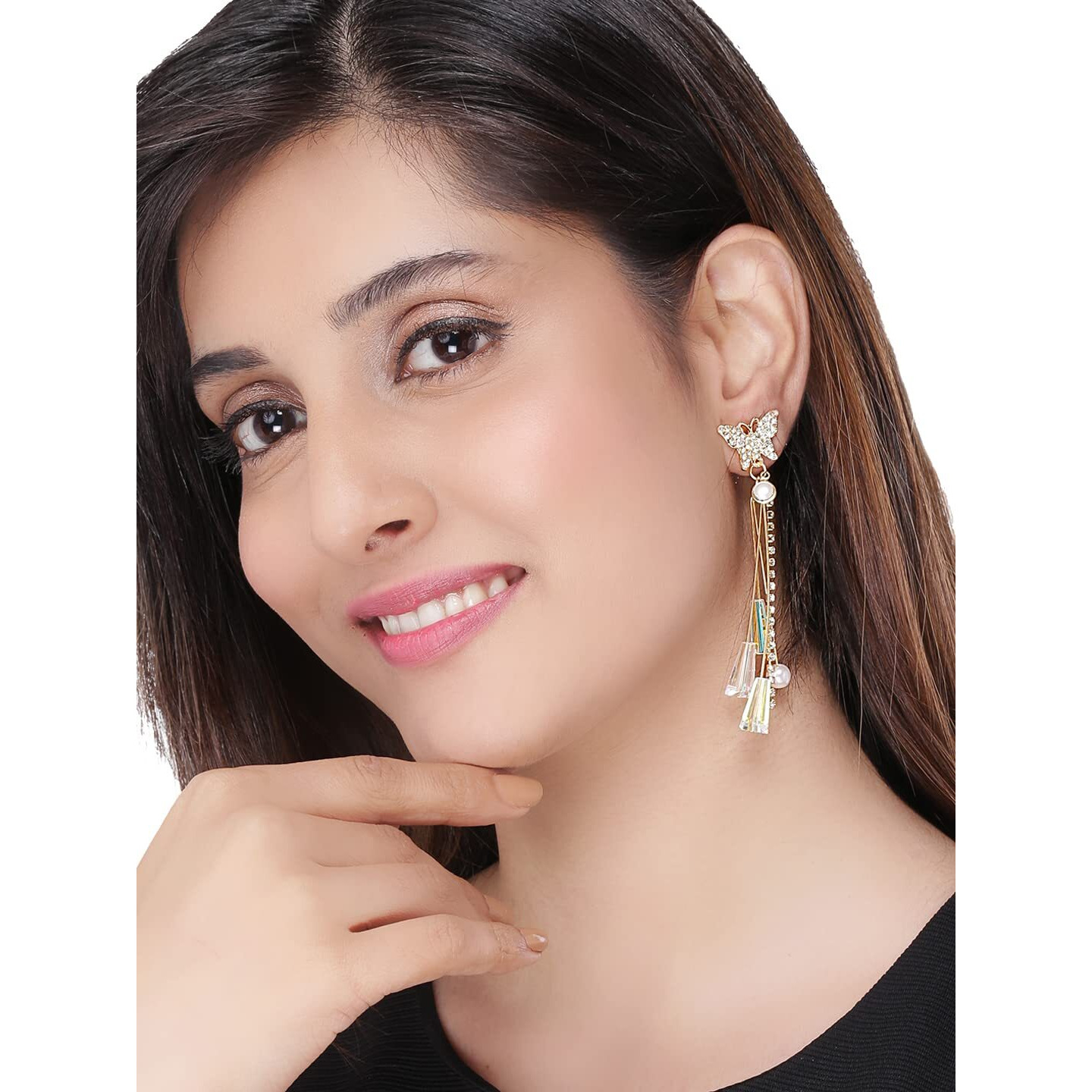 Yellow Chimes Crystal Danglers Earrings for Women | Gold Earrings for Girls | Fashion Women Earrings | Butterfly Long Chain Dangler Earrings | Birthday Gift For Girls Anniversary Gift for Wife