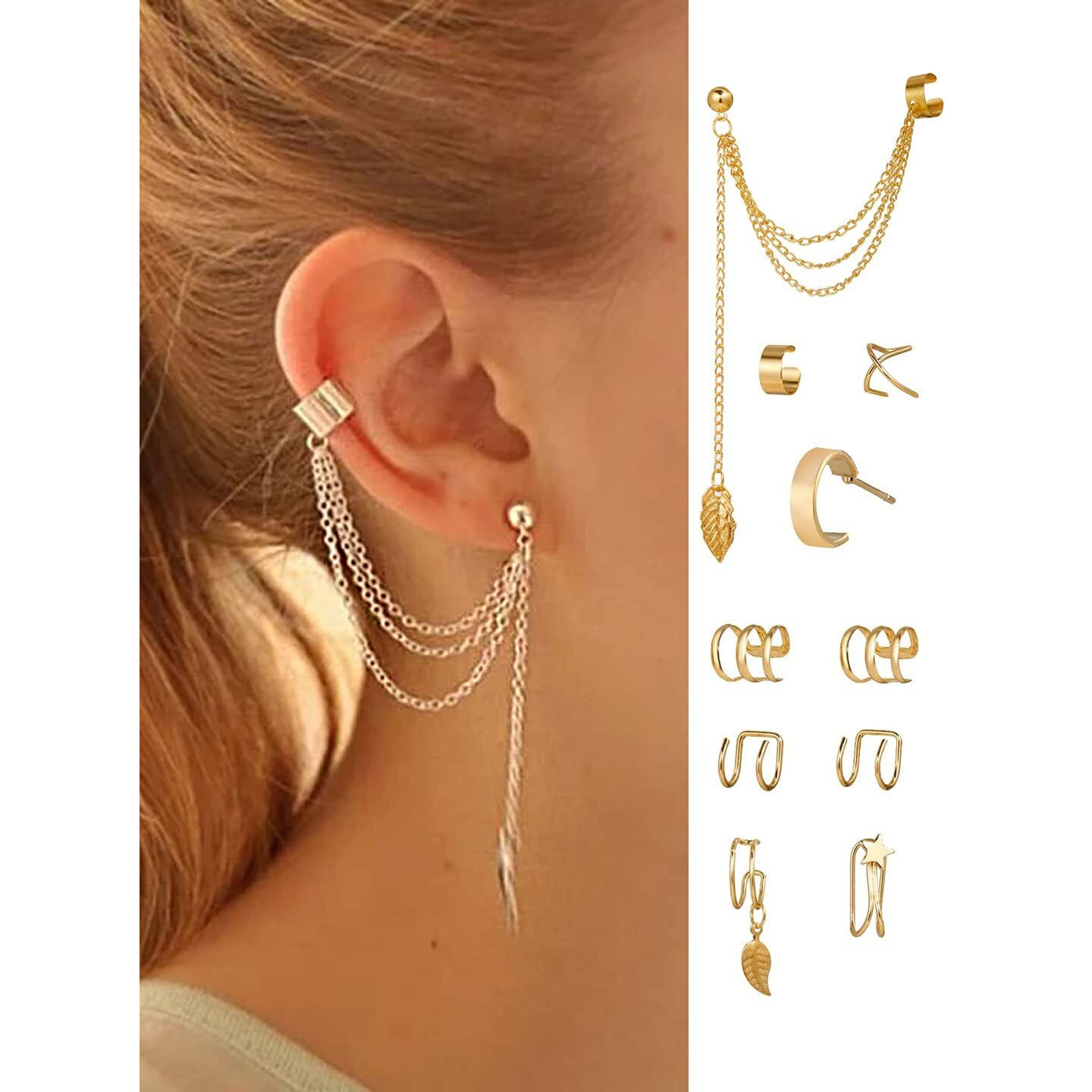 Yellow Chimes Earrings for Women and Girls Fashion Gold Ear Cuff Set | Silver Tone Ear Cuff | Western Stainless Steel Combo | Birthday Gift for Girls and Women Anniversary Gift for Wife