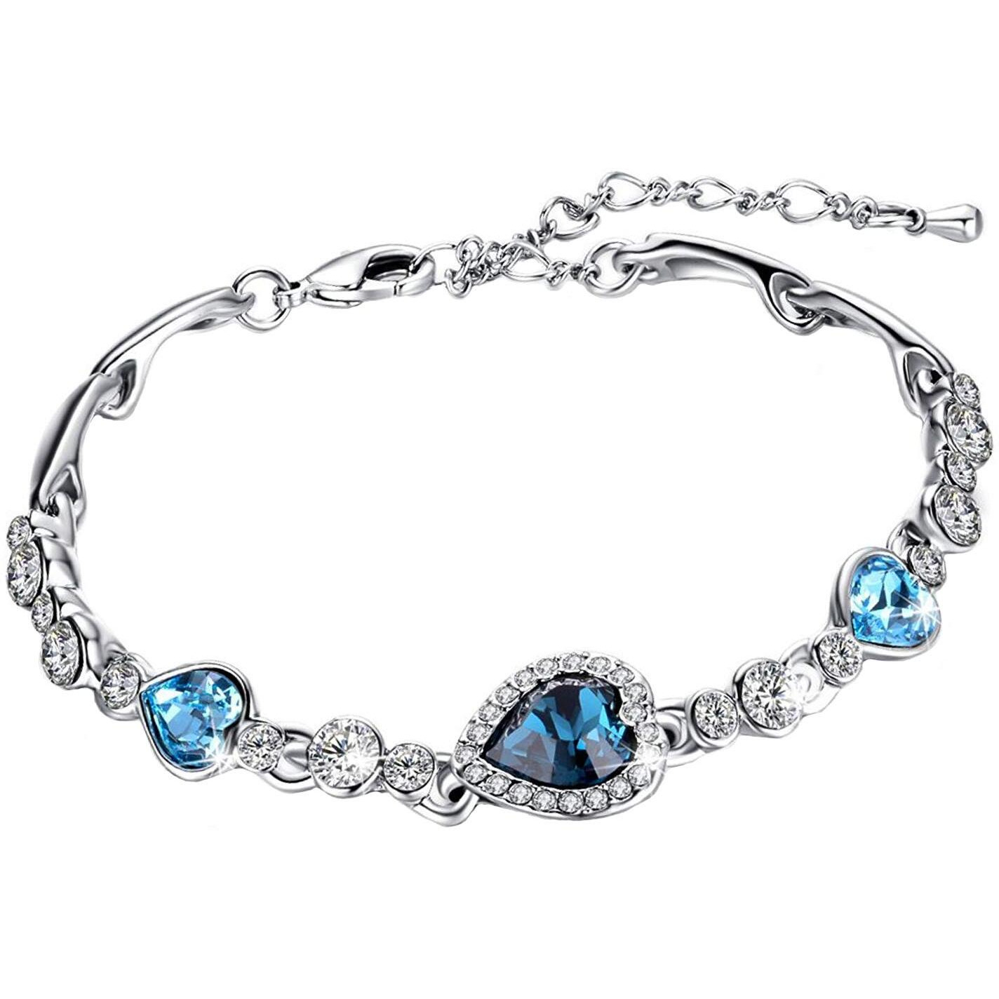 Yellow Chimes Women Crystal Bracelets | Heart Shaped Silver toned Bracelets | Blue CZ Crystals Bracelet For Woman | Birthday Gift for Girls & Women Anniversary Gift for Wife