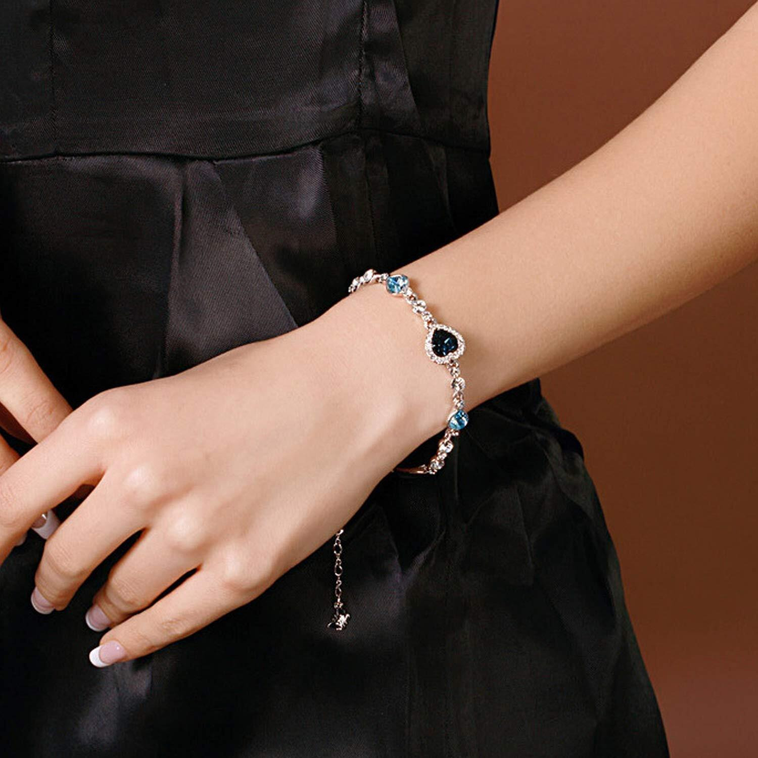 Yellow Chimes Women Crystal Bracelets | Heart Shaped Silver toned Bracelets | Blue CZ Crystals Bracelet For Woman | Birthday Gift for Girls & Women Anniversary Gift for Wife