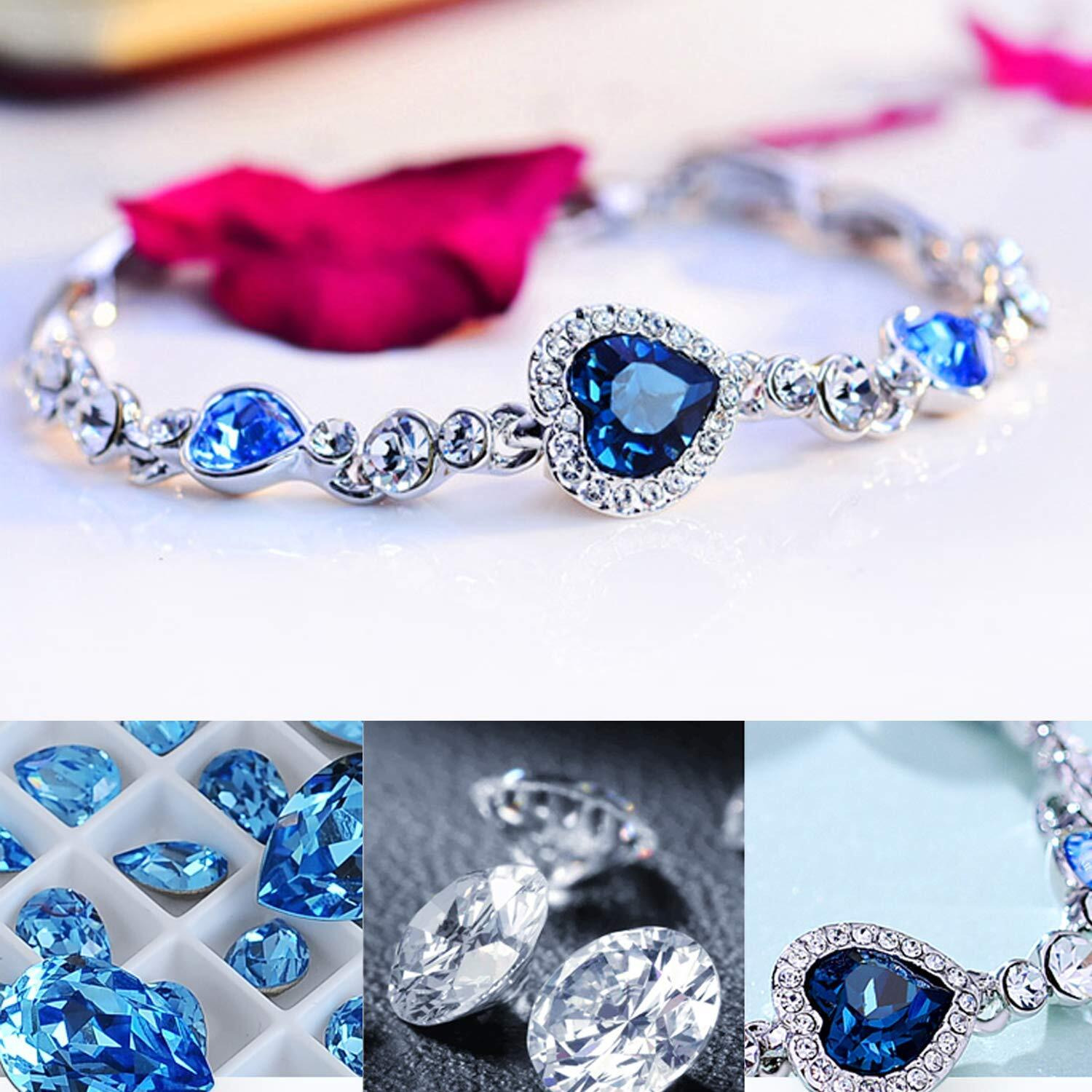 Yellow Chimes Women Crystal Bracelets | Heart Shaped Silver toned Bracelets | Blue CZ Crystals Bracelet For Woman | Birthday Gift for Girls & Women Anniversary Gift for Wife