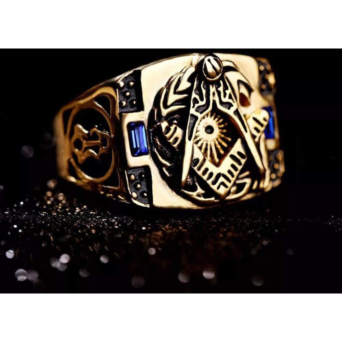 Yellow Chimes Rings for Men Antique AG Masonic Logo Religious Freemason Symbol with Blue Stone Stainless Steel Ring for Men & Boys