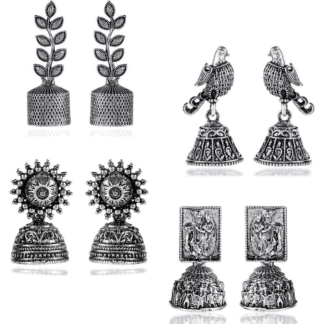 Yellow Chimes Earrings for Women and Girls 4 pcs of Combo Traditional Silver Oxidised Jhumka | German Silver | Leaf Shape Jhumki Earrings Combo | Birthday Gift For girls and women Anniversary Gift for Wife