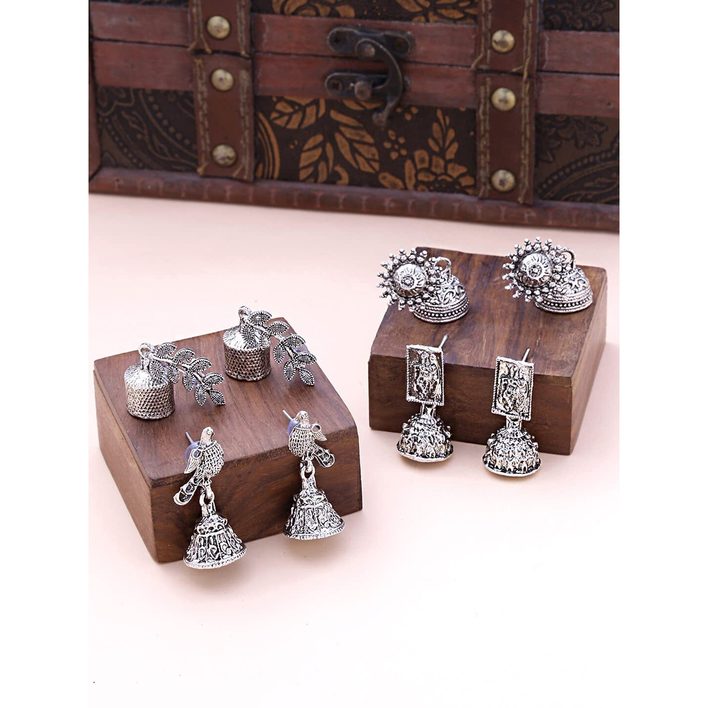 Yellow Chimes Earrings for Women and Girls 4 pcs of Combo Traditional Silver Oxidised Jhumka | German Silver | Leaf Shape Jhumki Earrings Combo | Birthday Gift For girls and women Anniversary Gift for Wife