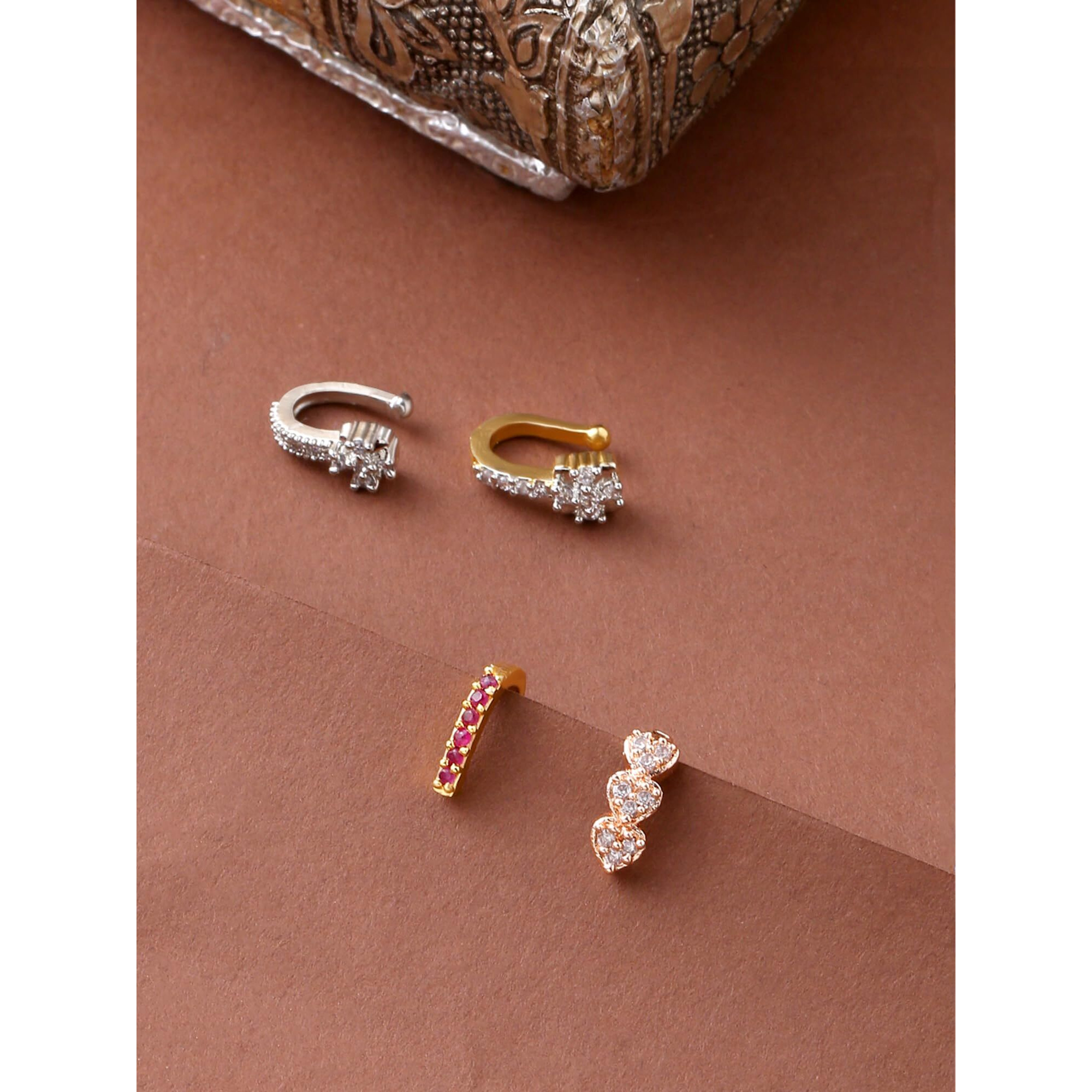 Yellow Chimes Nose Pins for Women Set of 4 Nose Rings Gold Silver Plated Traditional American Diamond Clip-On Nose Pins for Women and Girls.