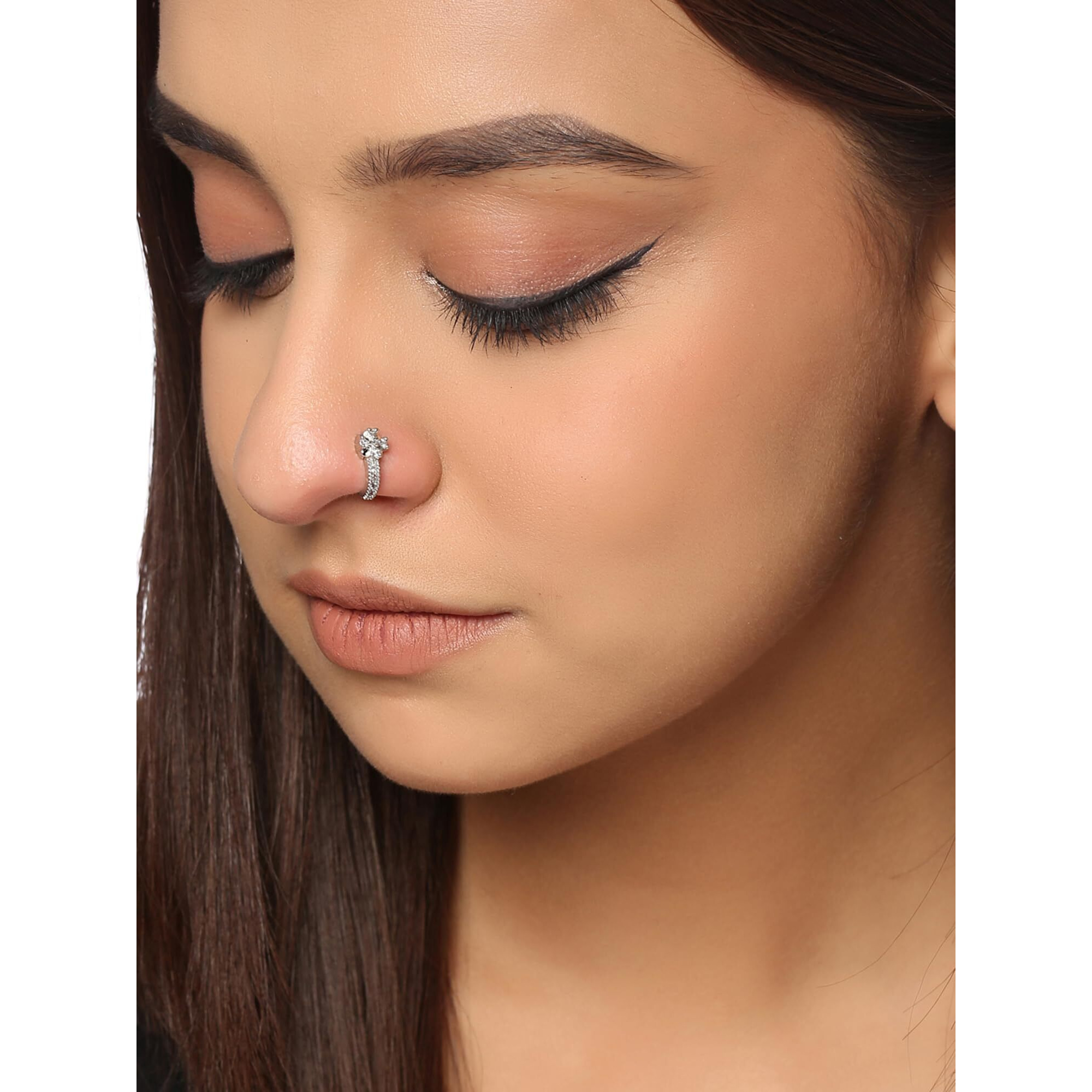 Yellow Chimes Nose Pins for Women Set of 4 Nose Rings Gold Silver Plated Traditional American Diamond Clip-On Nose Pins for Women and Girls.