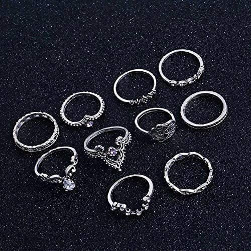 Yellow Chimes Rings for Women 10 PCS Combo Ring Set Oxidised Silver Plated Knuckle Rings Set for Women and Girls.