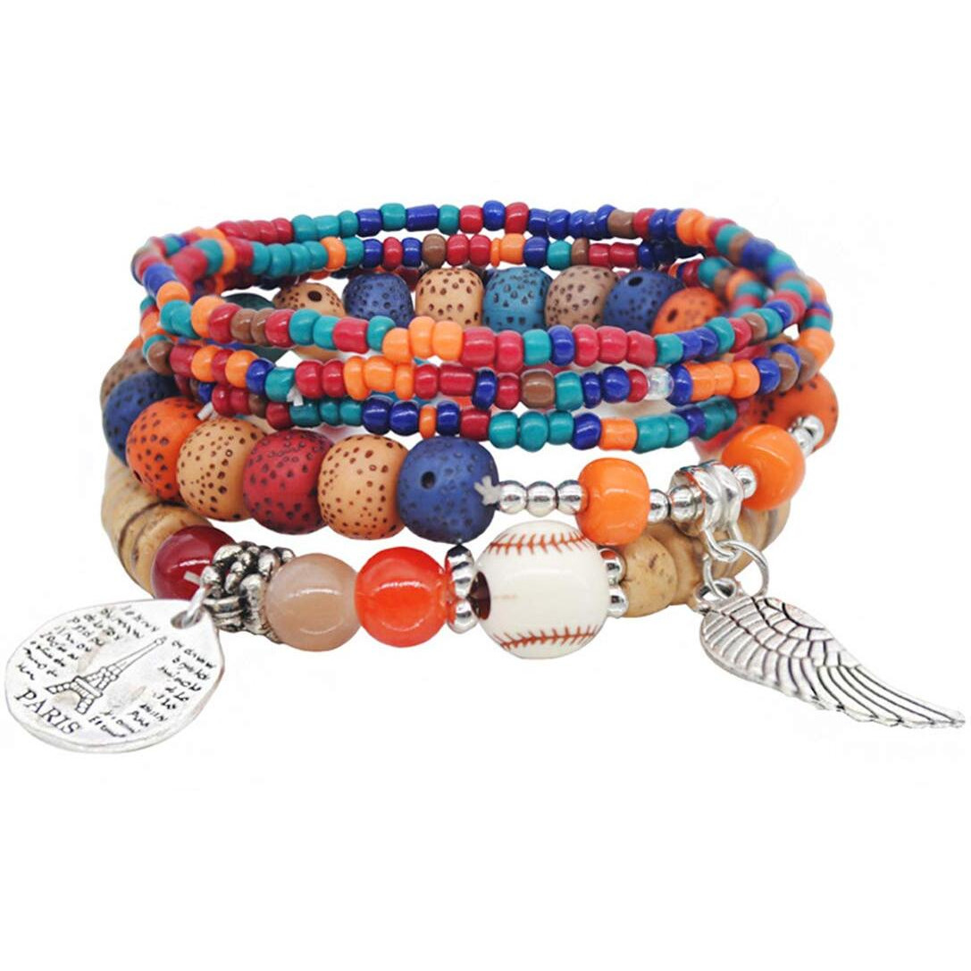 Yellow Chimes Bracelet for Women and Girls Fashion Multicolor Beads Bracelets for Women | 5 Pcs Stackable Bead Bracelet | Stretch Beaded Layered Bracelet | Birthday Gift For girls and Women