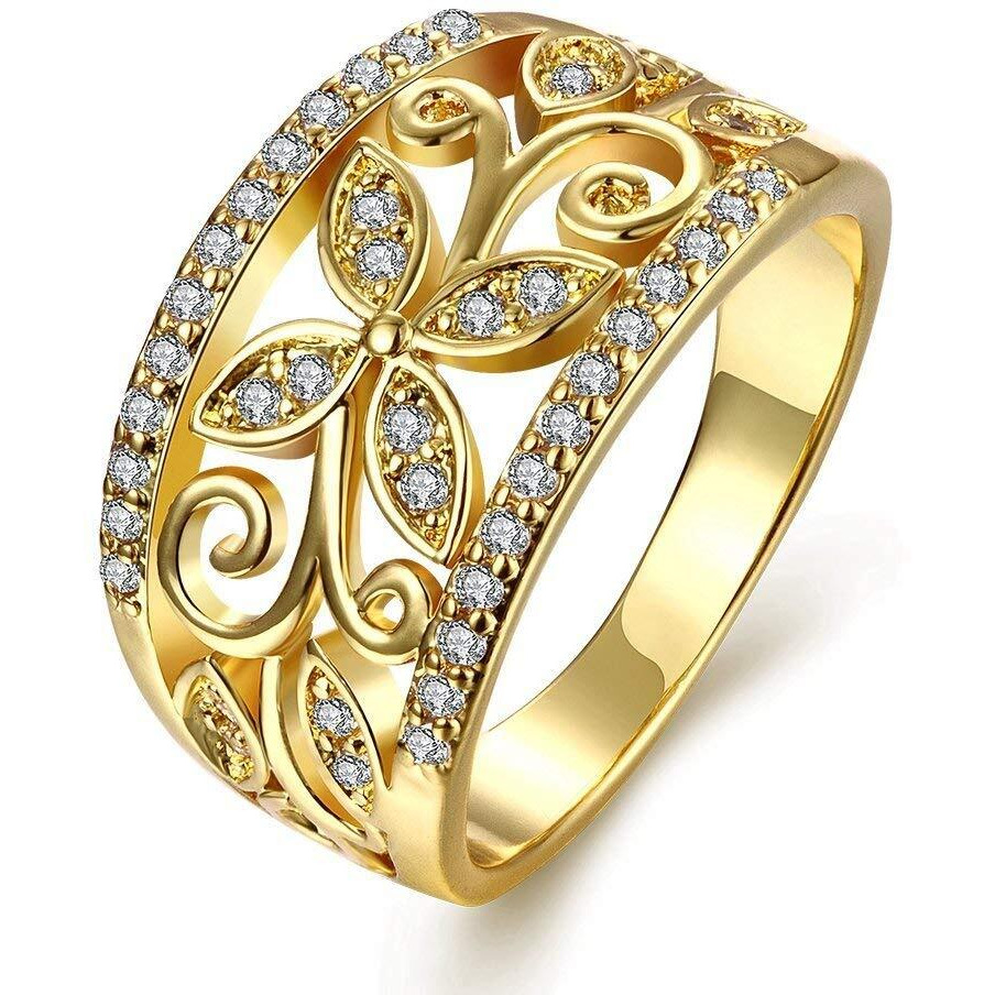 Yellow Chimes Rings for Women Crystal Studded Flower Band Golden Adjustable Ring for Women and Girls.