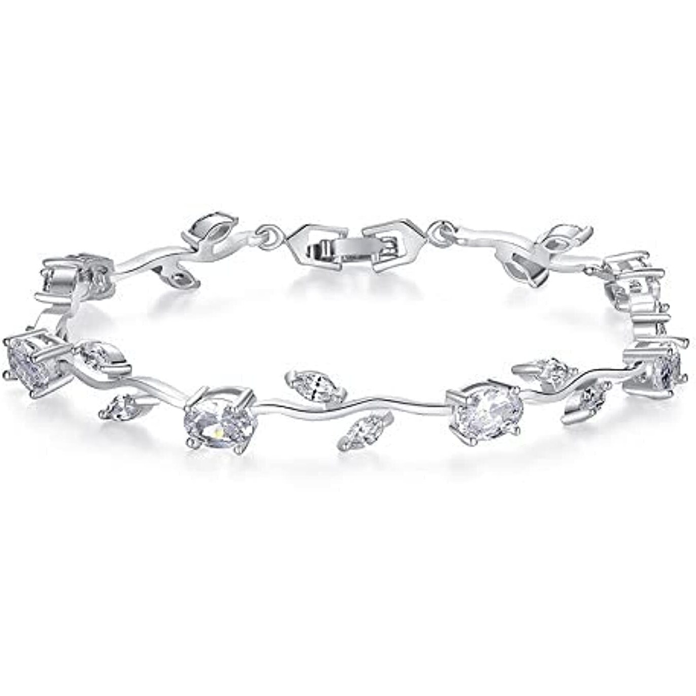 Yellow Chimes Women Crystal Bracelets | Rose Leaf Shaped Silver Toned Bracelets For Women | White CZ Crystals Bracelet For Woman | Birthday Gift for Girls & Women Anniversary Gift for Wife