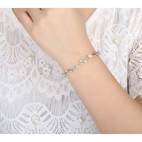 Yellow Chimes Women Crystal Bracelets | Rose Leaf Shaped Silver Toned Bracelets For Women | White CZ Crystals Bracelet For Woman | Birthday Gift for Girls & Women Anniversary Gift for Wife