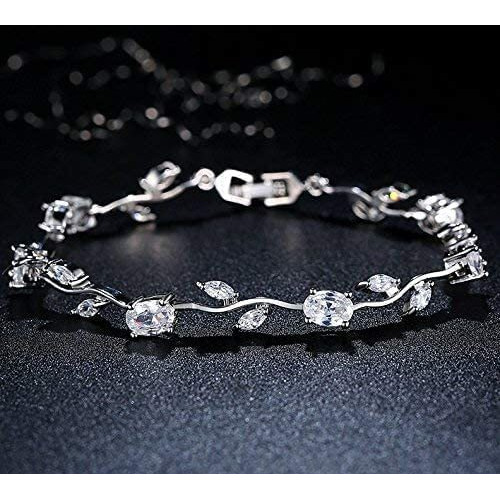 Yellow Chimes Women Crystal Bracelets | Rose Leaf Shaped Silver Toned Bracelets For Women | White CZ Crystals Bracelet For Woman | Birthday Gift for Girls & Women Anniversary Gift for Wife