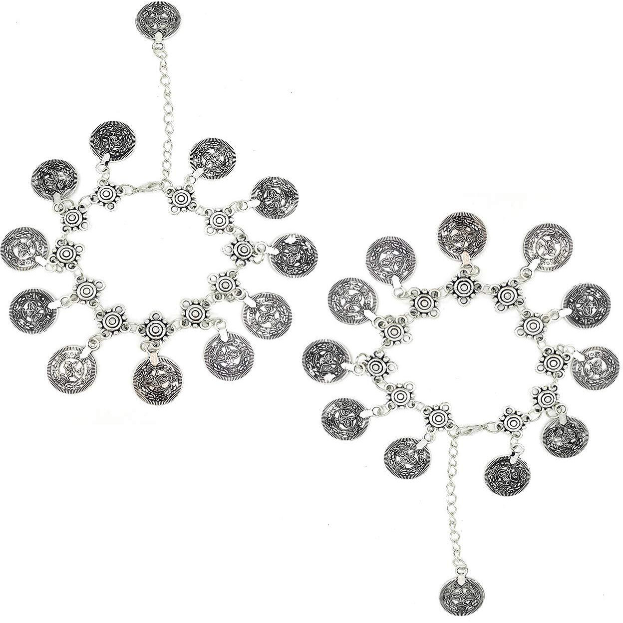 Yellow Chimes Oxidised Silver Anklets for Women 2 Pcs Antique Gypsy Coins Oxidized Silver Plated Anklet for Women and Girls
