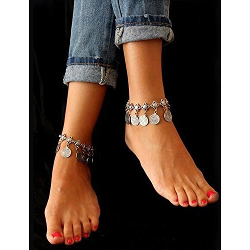 Yellow Chimes Oxidised Silver Anklets for Women 2 Pcs Antique Gypsy Coins Oxidized Silver Plated Anklet for Women and Girls