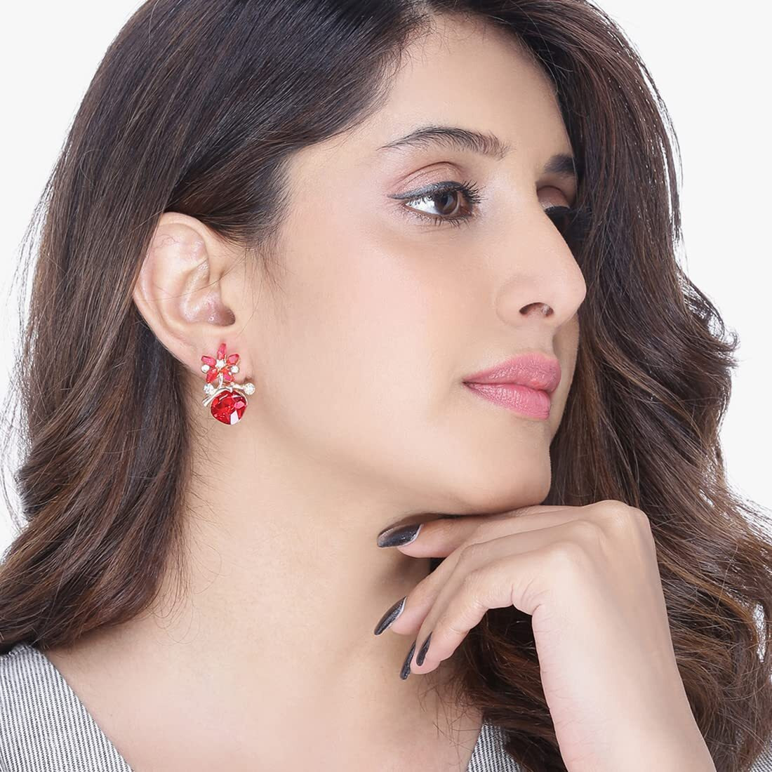 Yellow Chimes Earrings for Women and Girls | Fashion Red and White Stone Crystal Studs Earring | Gold Plated Stud Earrings | Floral Shape Western stud Earrings | Accessories Jeellery for Women | Birthday Gift for Girls and Women Anniversary Gift for Wife