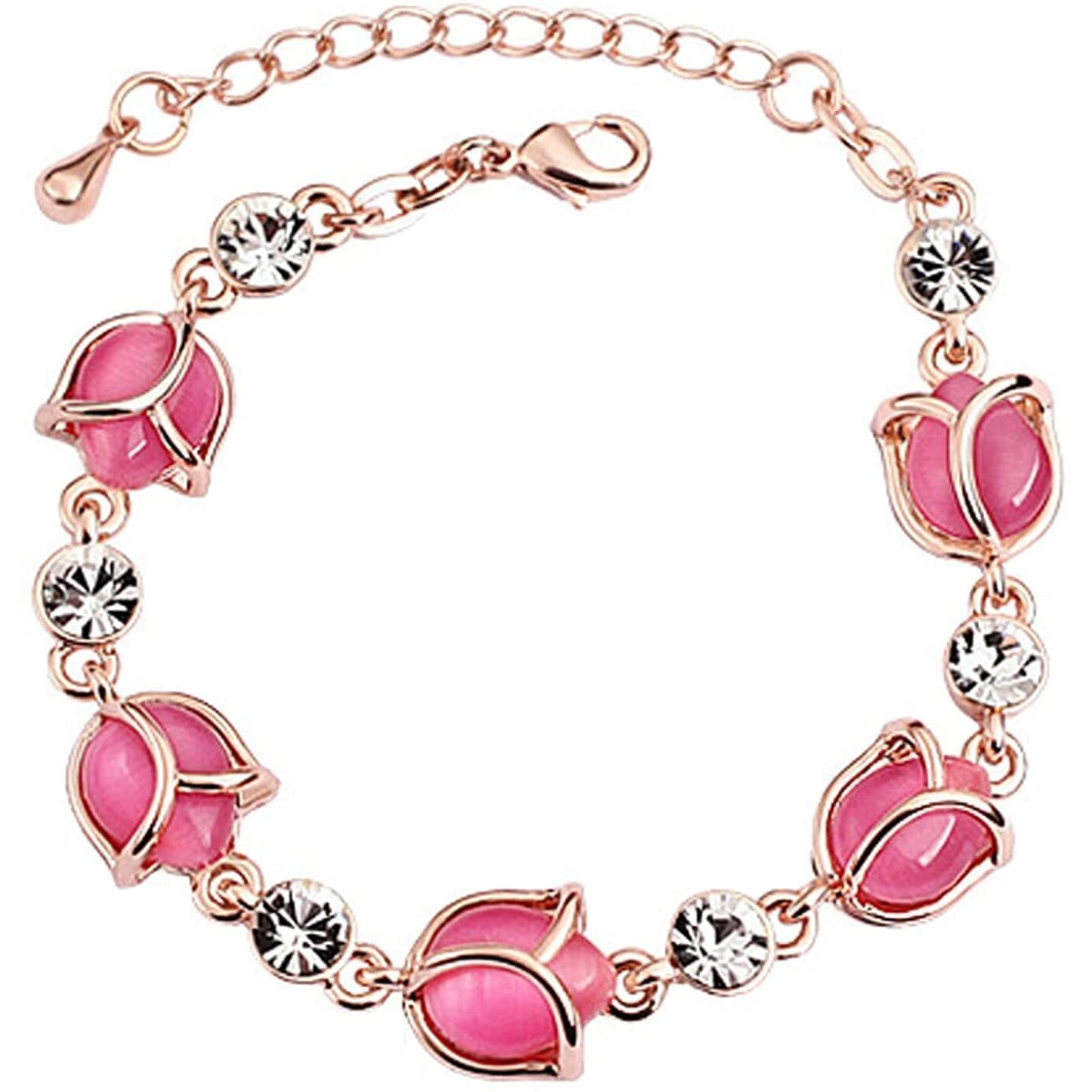 Yellow Chimes Women Crystal Bracelets | Rose Flower shaped Rose Gold Plated Bracelets for Women | White CZ and Pink Crystal Bracelets| Birthday Gift for Girls & Women Anniversary Gift for Wife