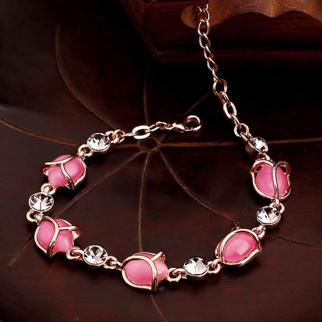 Yellow Chimes Women Crystal Bracelets | Rose Flower shaped Rose Gold Plated Bracelets for Women | White CZ and Pink Crystal Bracelets| Birthday Gift for Girls & Women Anniversary Gift for Wife