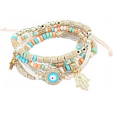 Yellow Chimes Combo of 5 PCs Beads Multicolour Gold Plated Stretchable Bracelet for Women and Girls, Medium