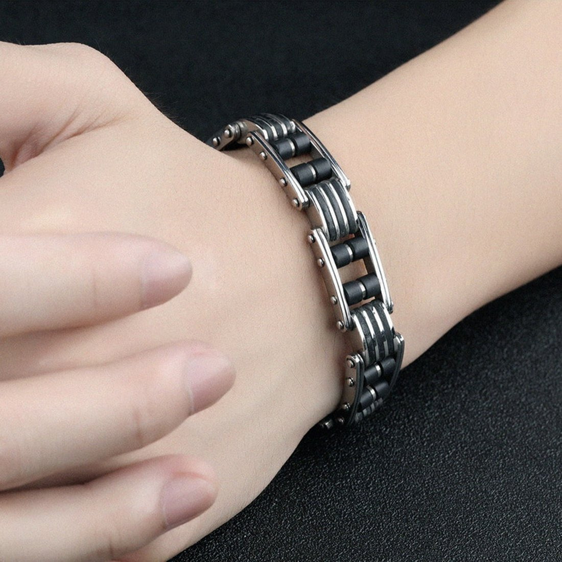 Yellow Chimes Bracelets for Men and Boys Fashion Black Bracelet for Men | Silver Toned Stainless Steel Western Style Chain Bracelet for Men | Birthday Gift for Men and Boys Anniversary Gift for Husband