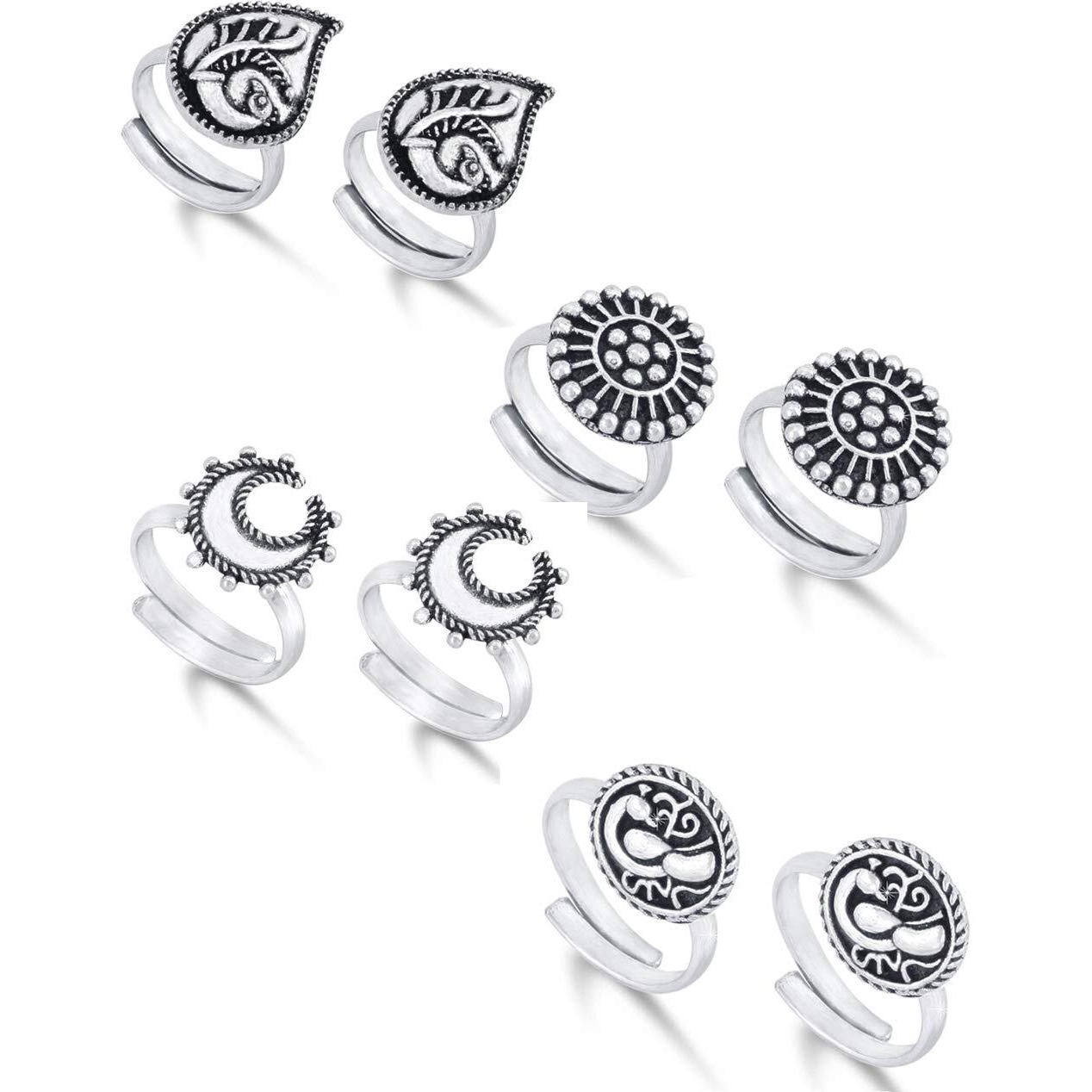 Yellow Chimes Toe Rings Set for Women Silver Oxidised Toe Ring Set 4 Pairs Combo German Silver Adjustable Toe Ring for Women and Girls.