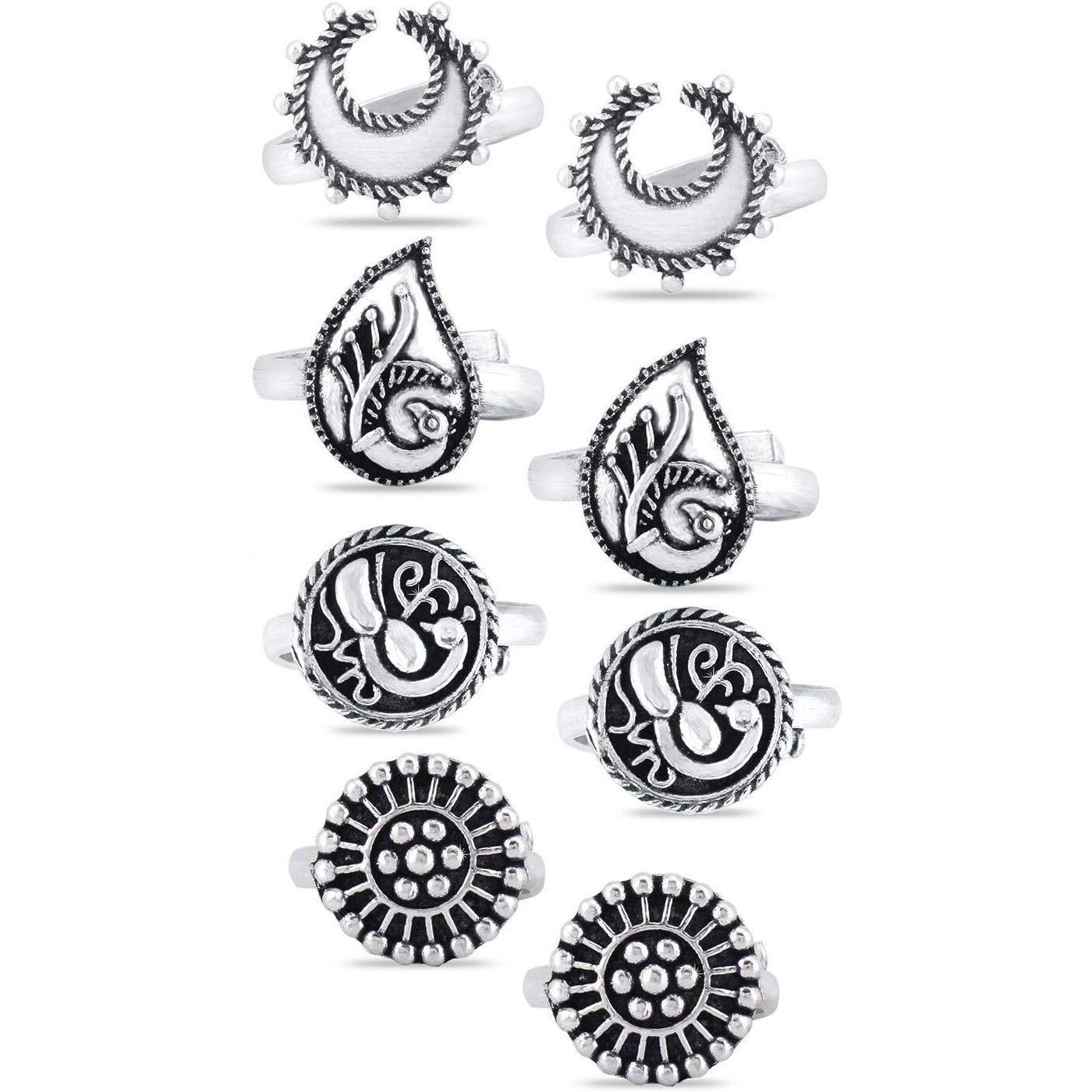 Yellow Chimes Toe Rings Set for Women Silver Oxidised Toe Ring Set 4 Pairs Combo German Silver Adjustable Toe Ring for Women and Girls.