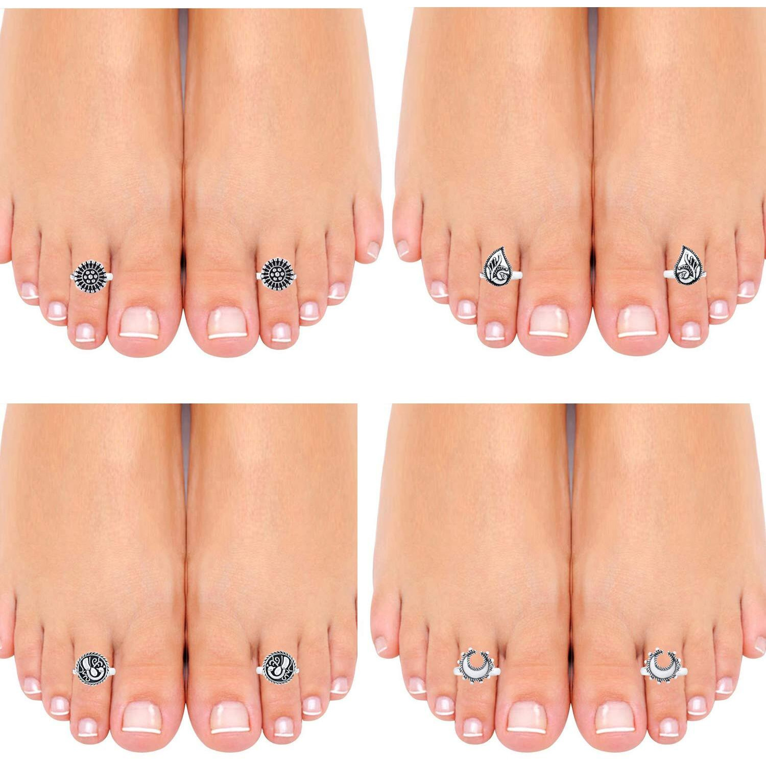 Yellow Chimes Toe Rings Set for Women Silver Oxidised Toe Ring Set 4 Pairs Combo German Silver Adjustable Toe Ring for Women and Girls.